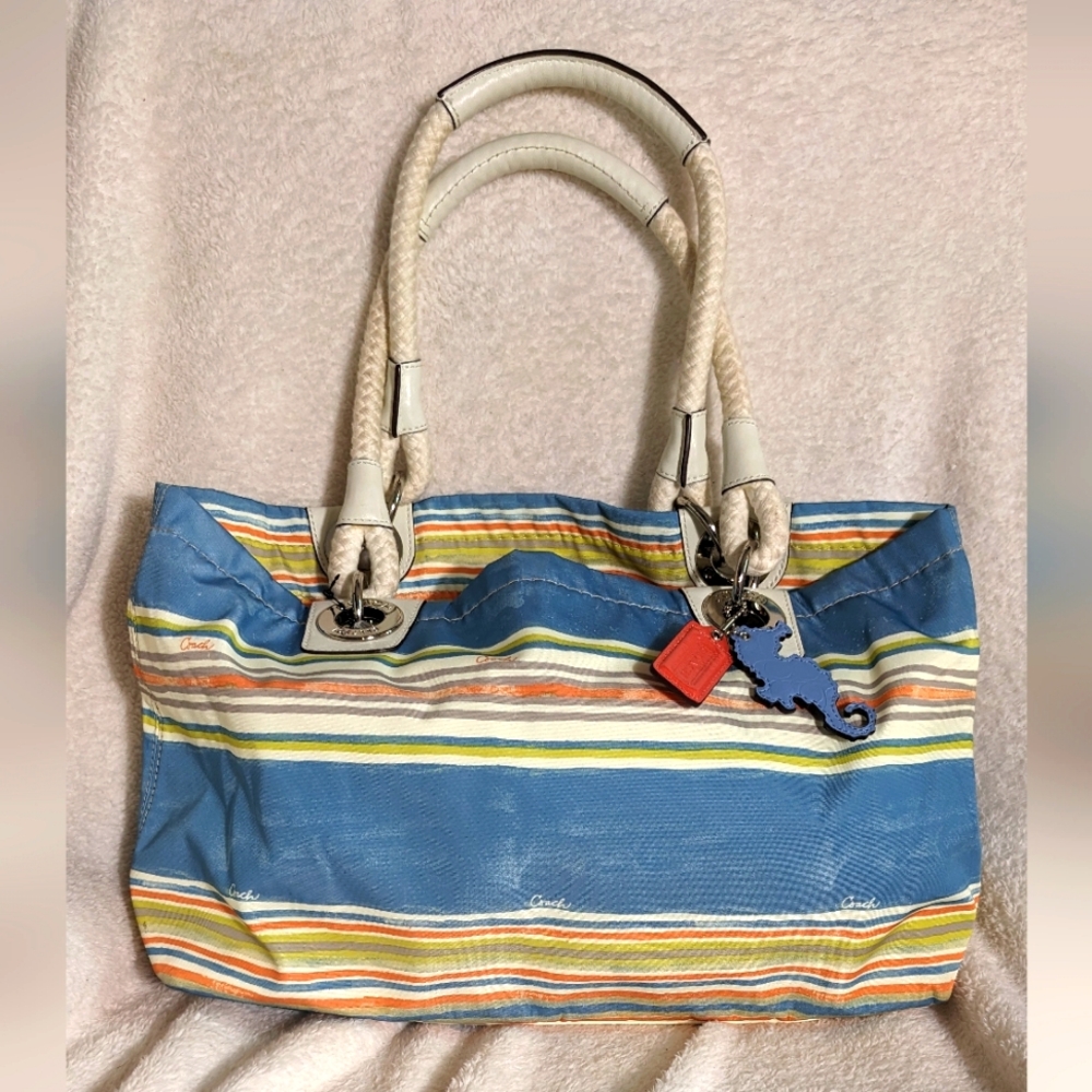 Coach Bundle Nautical Multi-Stripe Tote, & matching blue leather card holder‎